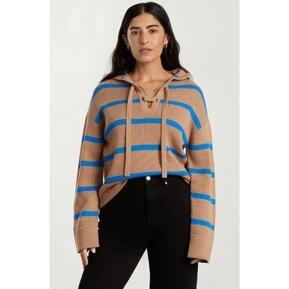 Everlane Lace Up Smock Sweater Knit Chestnut Brown Blue Striped Wool NWT - Picture 8 of 8